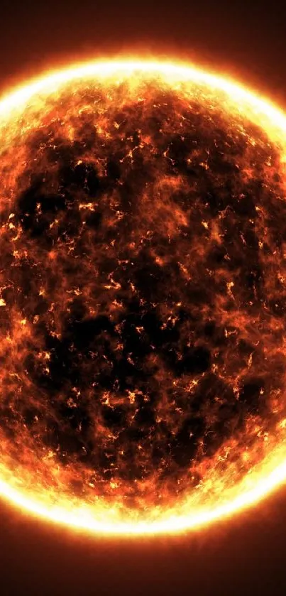 Fiery sun glowing against a black backdrop mobile wallpaper.