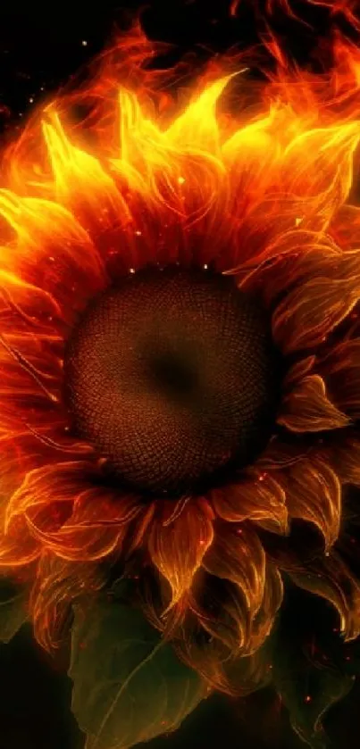 Fiery sunflower design with vibrant orange flames and dark background.