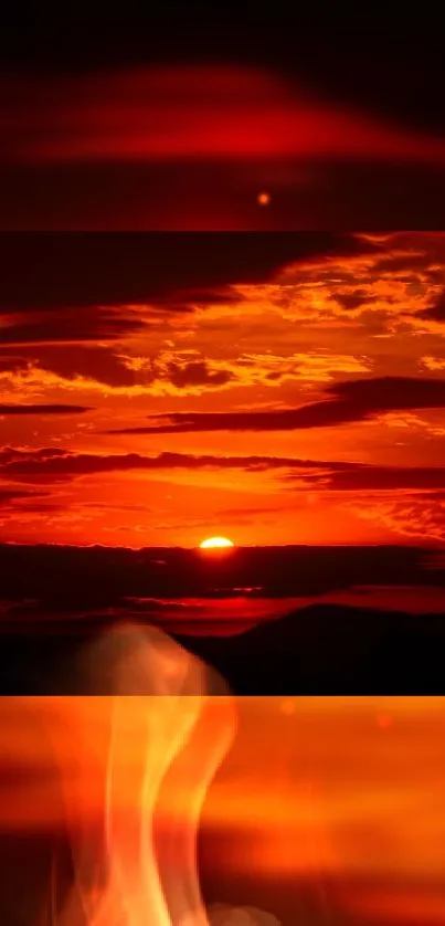 Fiery sunset with glowing orange hues and cloudy sky.