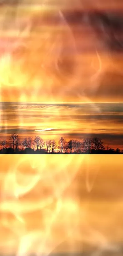 Fiery sunset wallpaper with silhouetted trees against an orange sky.