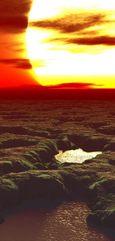 Fiery sunset over an alien landscape with vibrant red and orange hues.