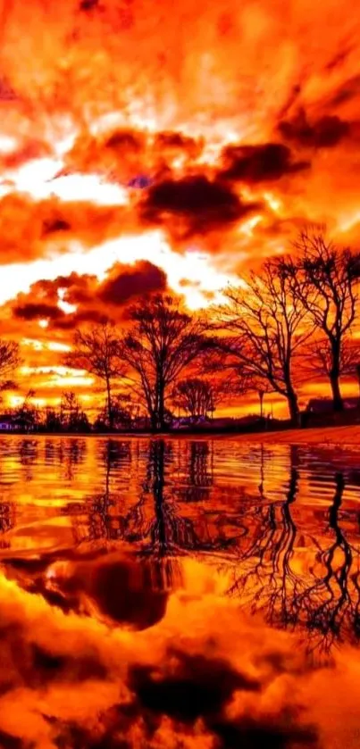 Stunning fiery sunset reflected on a serene lake with silhouetted trees.