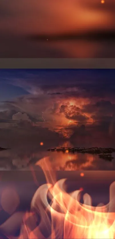 Fiery sunset reflecting on a serene lake with dramatic clouds.