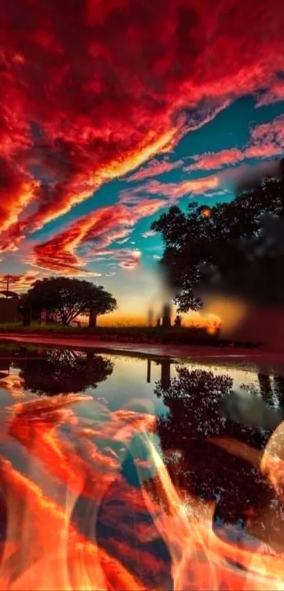 Fiery sunset sky with water reflection and vibrant clouds.