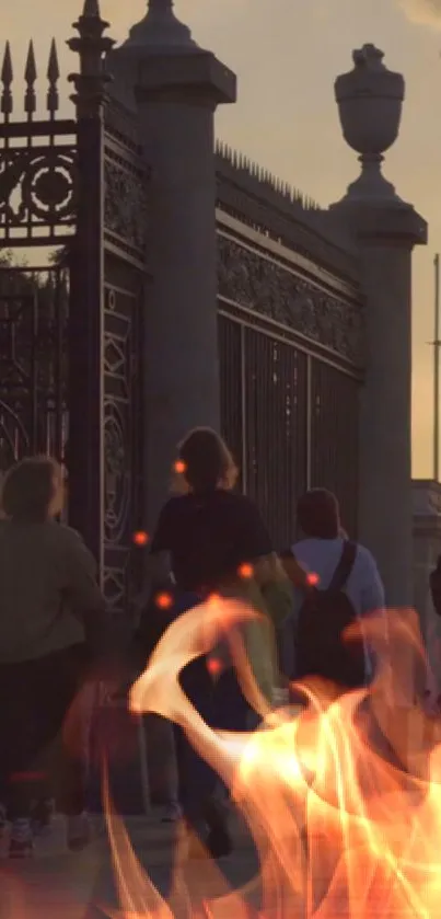 Fiery scene with urban silhouettes at sunset.