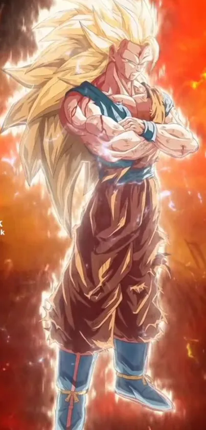 Vibrant Super Saiyan anime character on a fiery background.