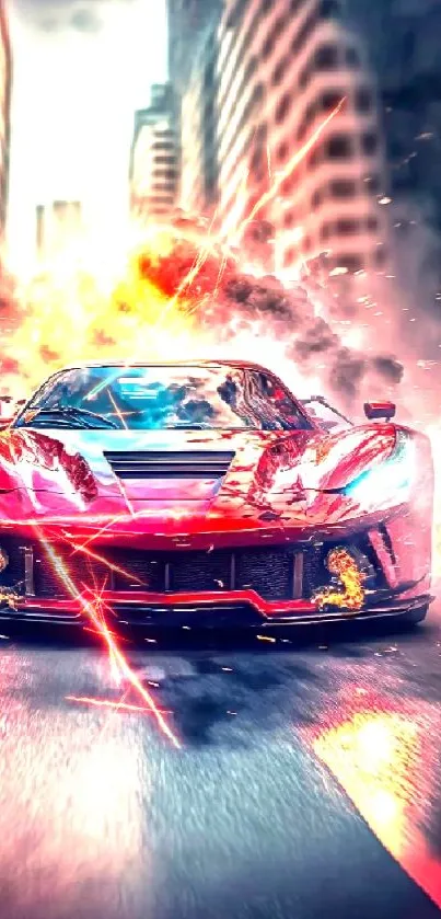 Fiery supercar racing through a cityscape with vibrant flames.