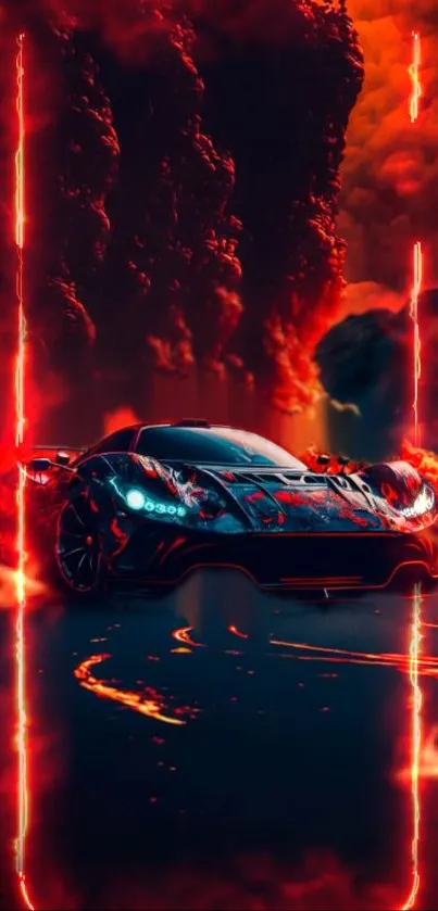 Supercar with fiery background, dynamic and energetic.