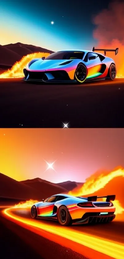 Supercar racing through fiery landscape, vibrant mobile wallpaper.