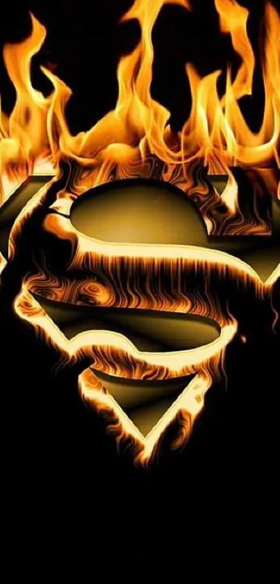 Superhero emblem in flames on dark background.