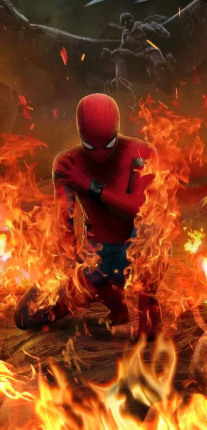 Superhero in flames, dynamic vibrant mobile wallpaper.