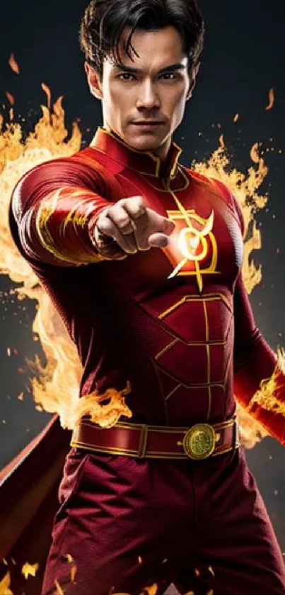 Fiery superhero pointing with flames surrounding.