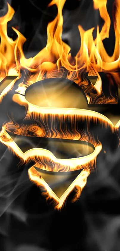 Superman emblem engulfed in flames, set against a smoky background.