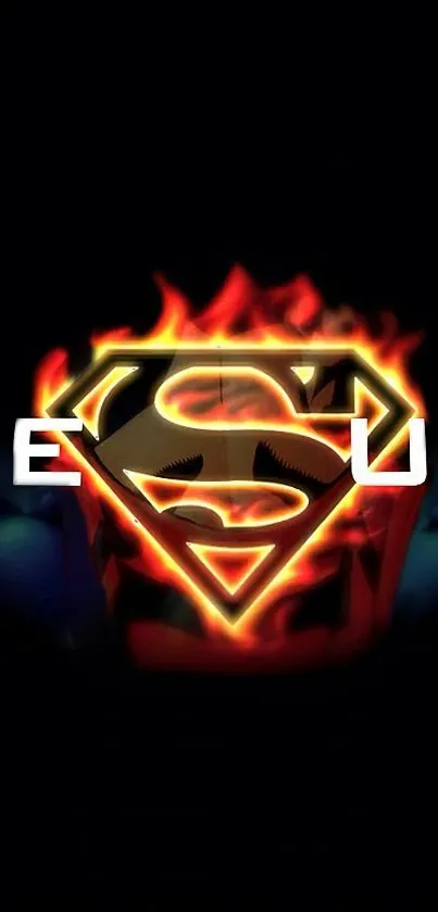 Superman emblem with Jesus text, fiery design on black background.