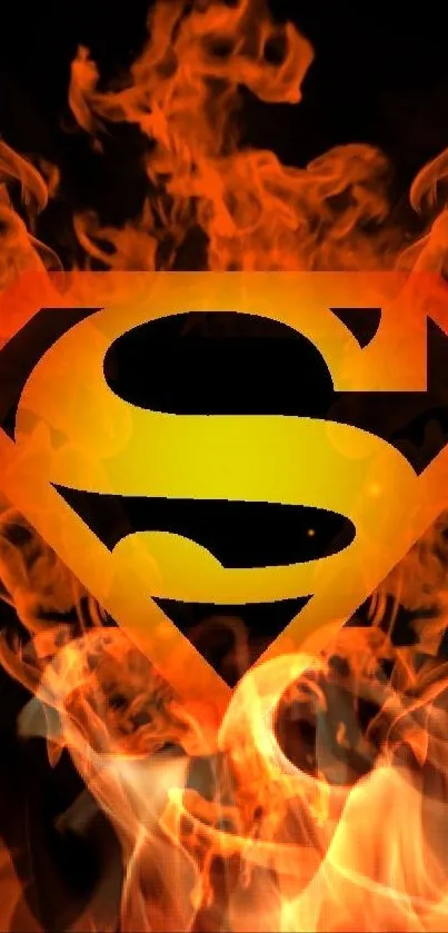 Fiery Superman logo mobile wallpaper with glowing flames on a dark background.