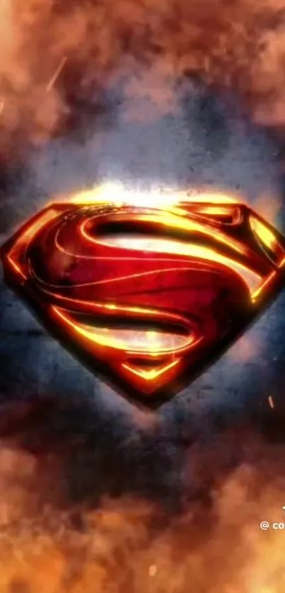 Superman symbol with a fiery backdrop on mobile wallpaper.