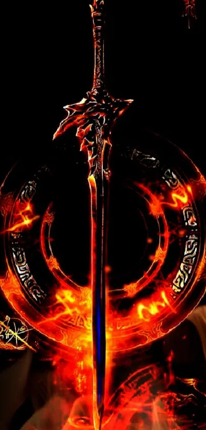 Fiery sword in glowing circle on dark background.