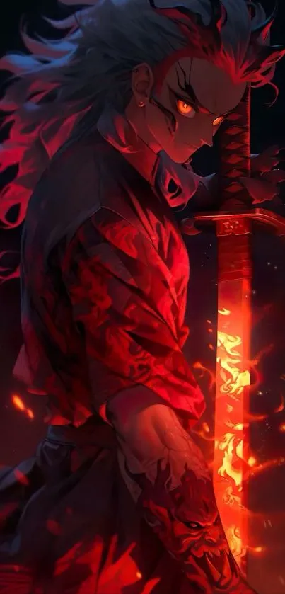 Anime warrior holding a glowing flaming sword in dark tones.