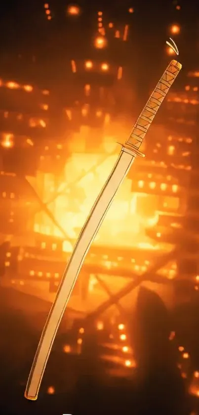 Glowing orange sword against a fiery background.