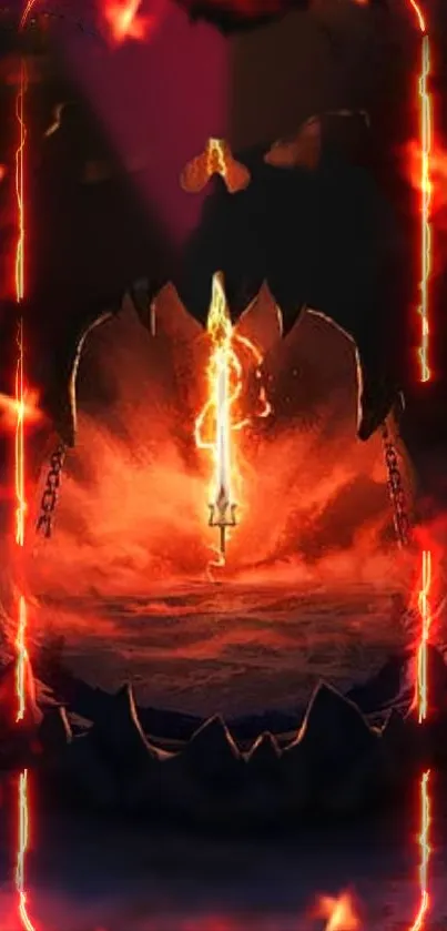 Fiery sword surrounded by flames in a dark, mystical wallpaper design.