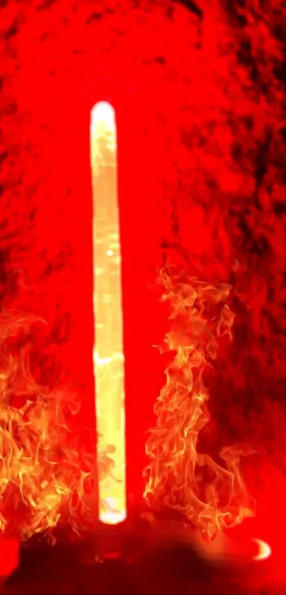 Fiery sword with intense red flames on a textured background.