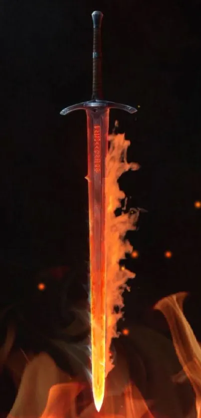 Fiery sword engulfed in flames on a dark background.