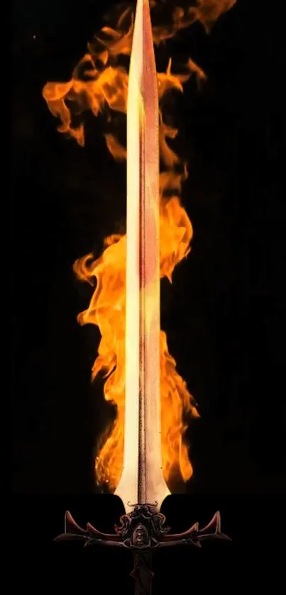 Flaming sword against black background wallpaper.