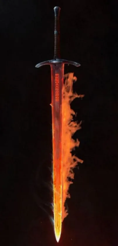 Fiery sword with flames on dark background.