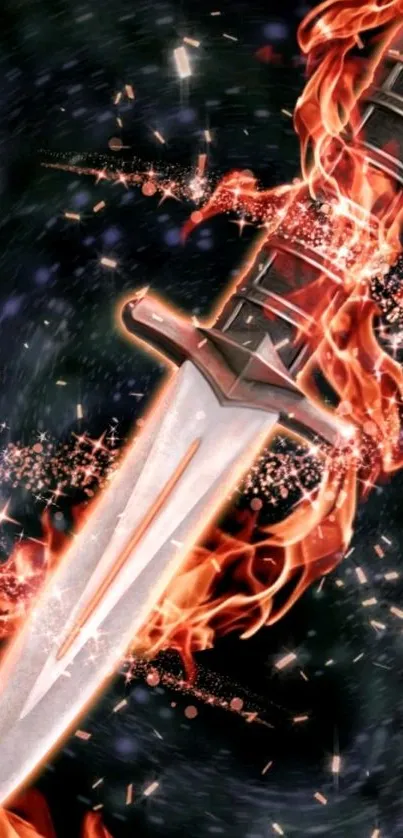 Fiery sword slicing through dark background.