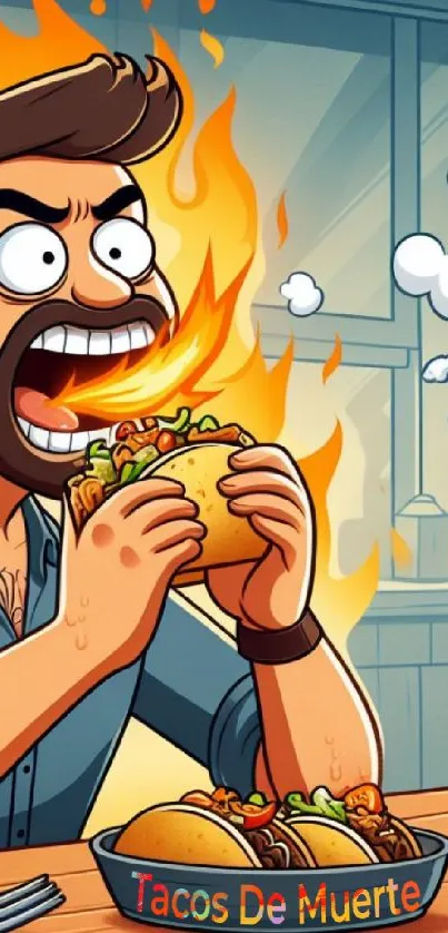 Cartoon man eating fiery tacos in a vibrant, humorous scene.