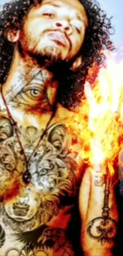 Person with intricate tattoos and fiery hand in art wallpaper.