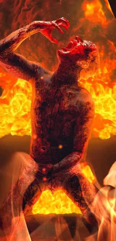 Tattooed figure engulfed in dramatic flames with a fiery background.