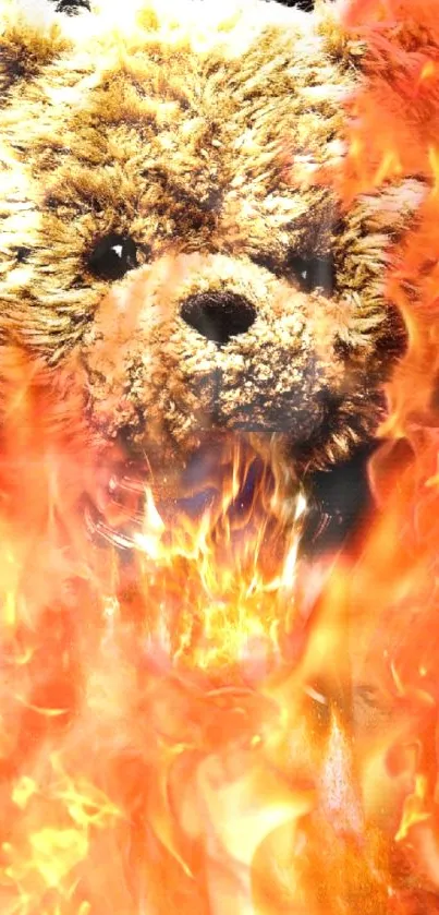 Teddy bear engulfed in vibrant red flames.