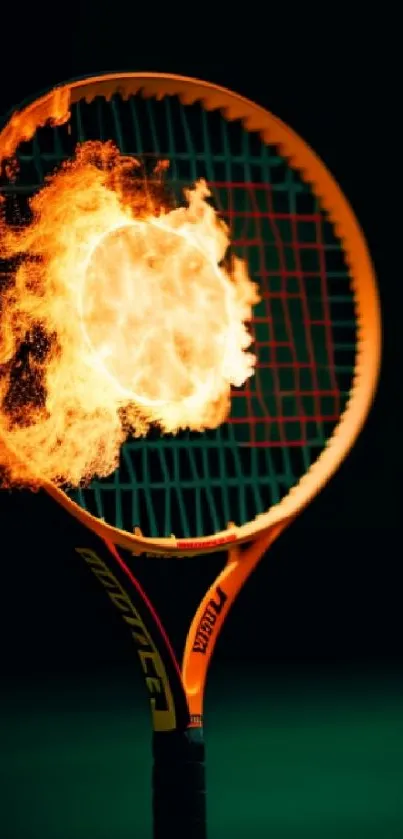 Tennis racket engulfed in flames, vibrant sports wallpaper.