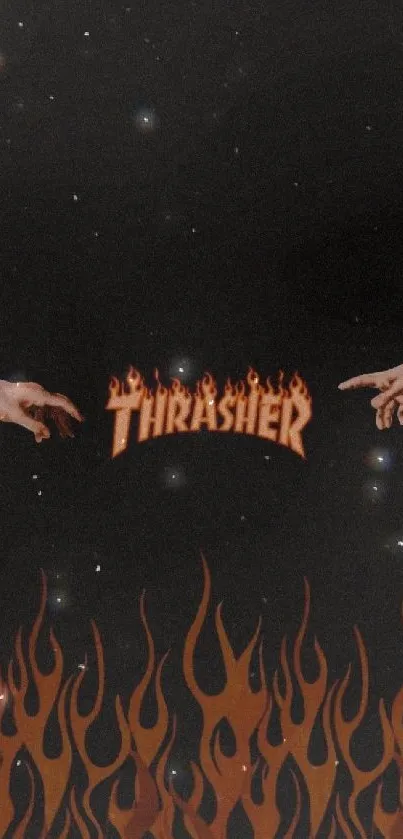 Thrasher flame wallpaper with hands and dark background.