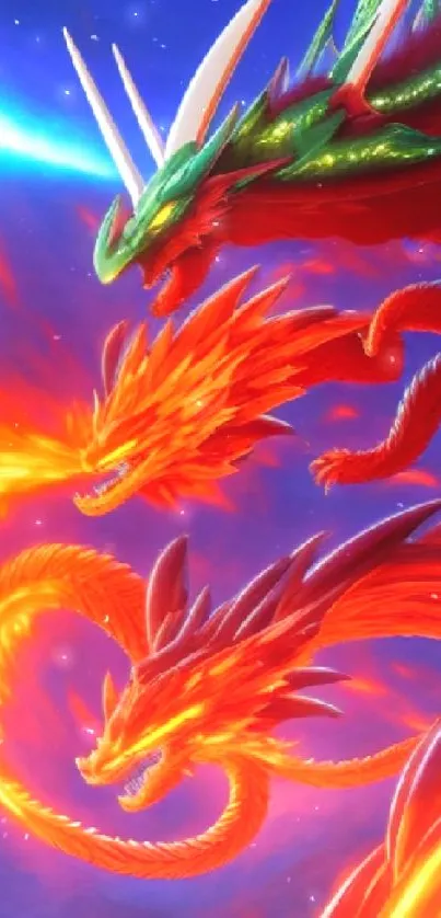 Fiery three-headed dragon art in vibrant colors.