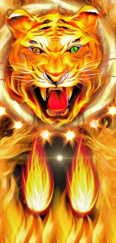 Fiery tiger surrounded by flames in an abstract art design.