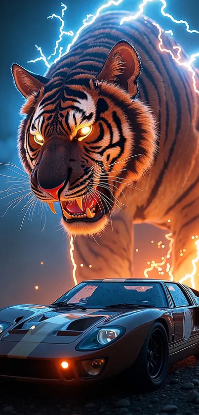 Tiger and car with electrifying lightning mobile wallpaper.