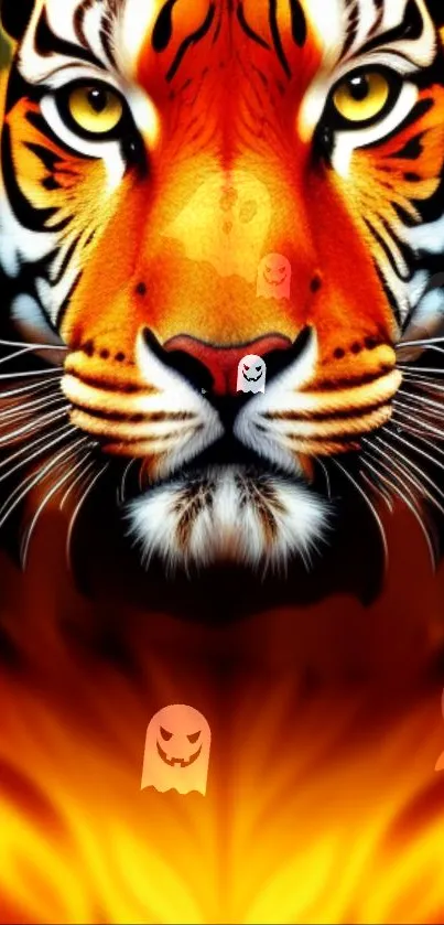 Fiery tiger face with ghosts in vibrant orange tones.