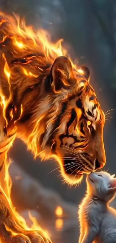 Fiery tiger meets a curious kitten in a fantasy art scene.