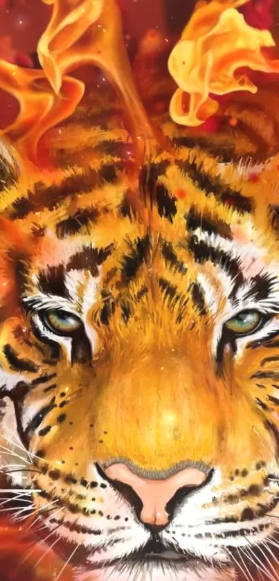 Vibrant tiger with flames in bold artwork.