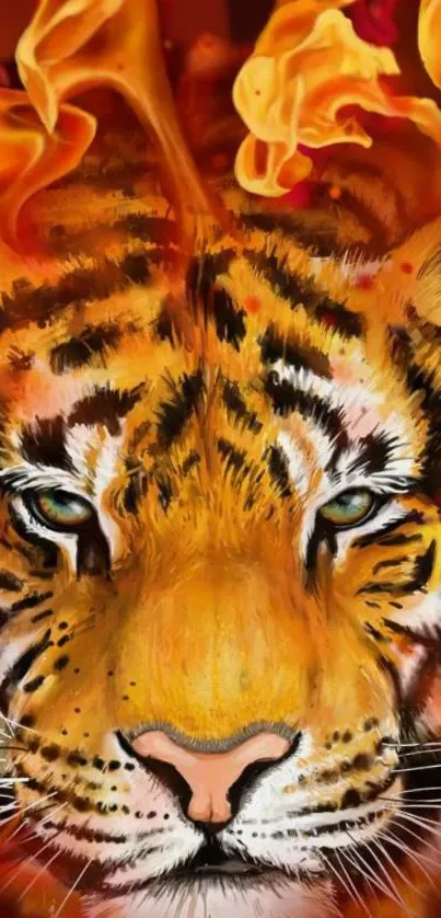 Artistic tiger surrounded by vibrant flames on a bold mobile wallpaper.