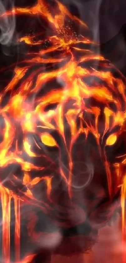 Fiery glowing tiger portrait with vibrant flames.