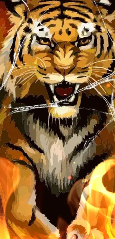 Roaring tiger in flames, vibrant mobile wallpaper art.