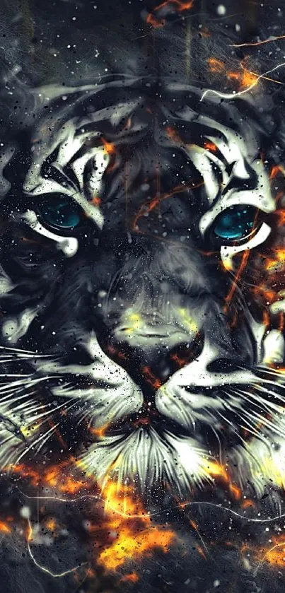 Artistic tiger face with fiery effects in black and orange tones.