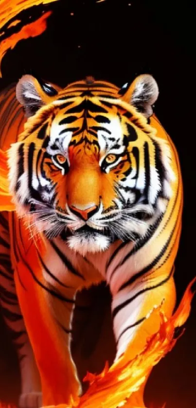 Fiery tiger with flames in a striking mobile wallpaper design.