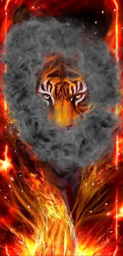 Fiery tiger artwork with blazing energy on a dark mobile wallpaper background.