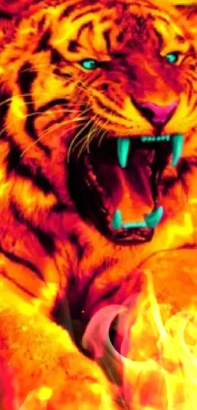 Fierce tiger with fiery orange colors and glowing blue eyes.