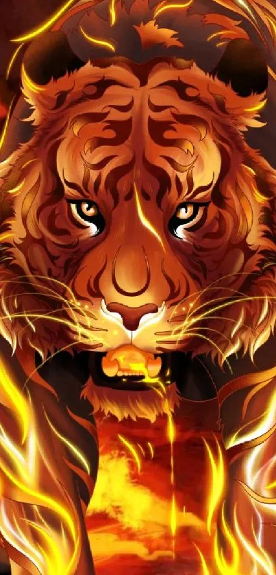 Fiery tiger artwork with vibrant colors on mobile wallpaper.