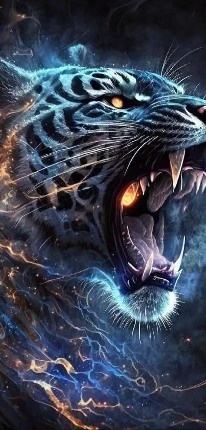 Digital art of a tiger with blue and orange fiery design.